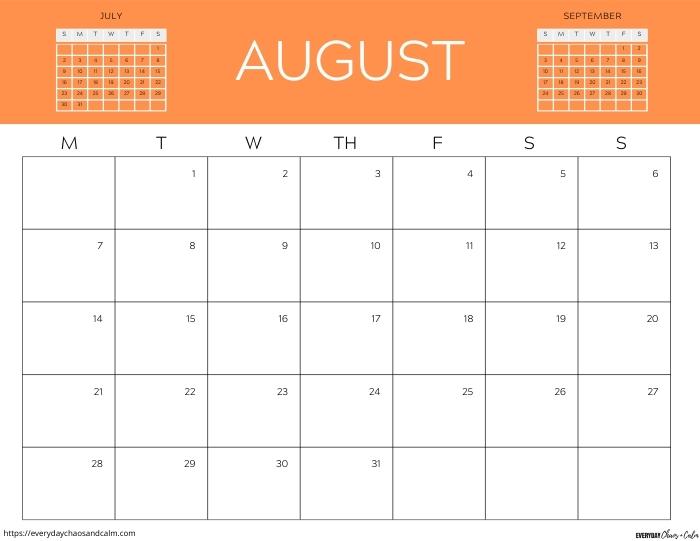 printable August 2023 calendar- monday start