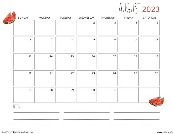 printable August 2023 calendar- sunday start
