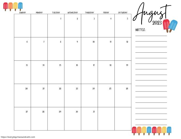 printable August 2023 calendar- sunday start