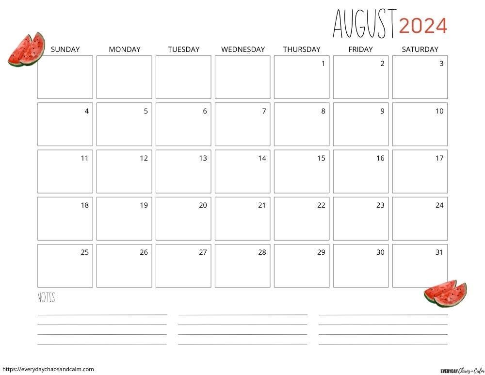 printable August 2024 calendar- sunday start