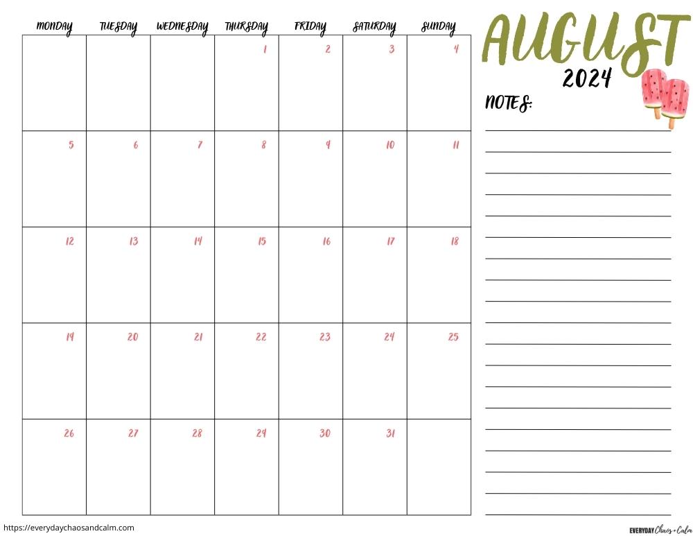printable August 2024 calendar- monday start