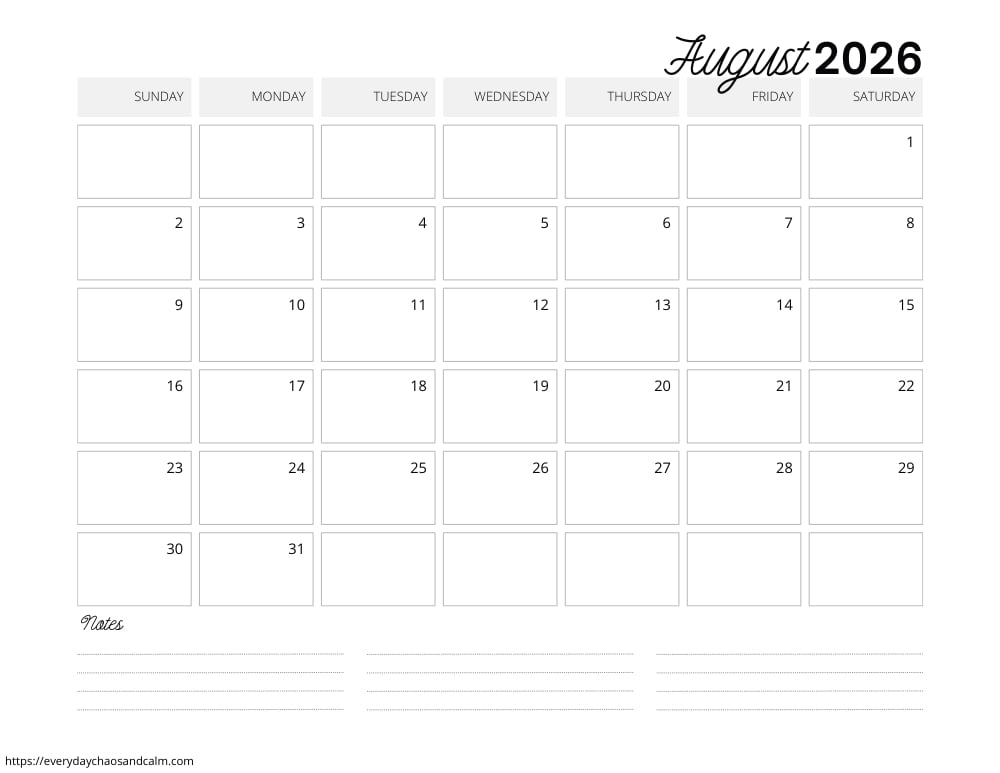 Free Printable August 2026 Calendars