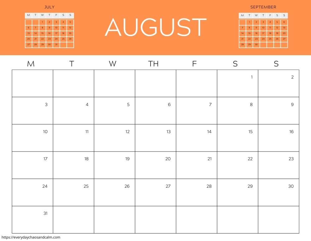 printable August 2026 calendar- monday start