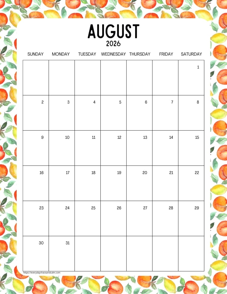 vertical printable August 2026 calendar- sunday start