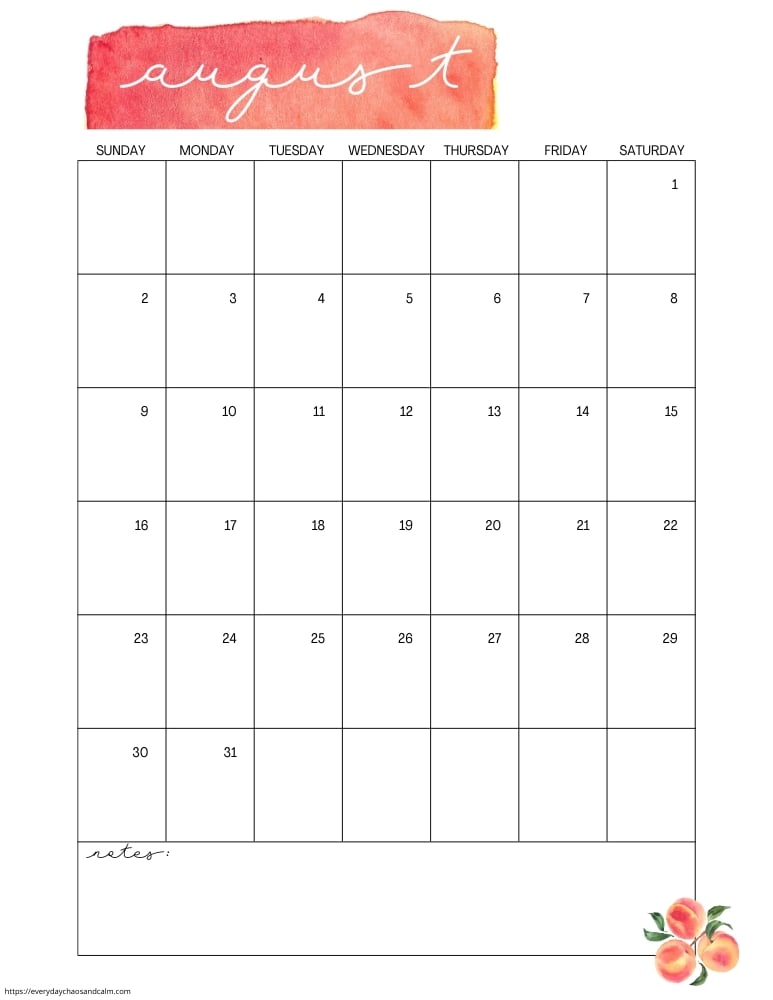 vertical printable August 2026 calendar- sunday start