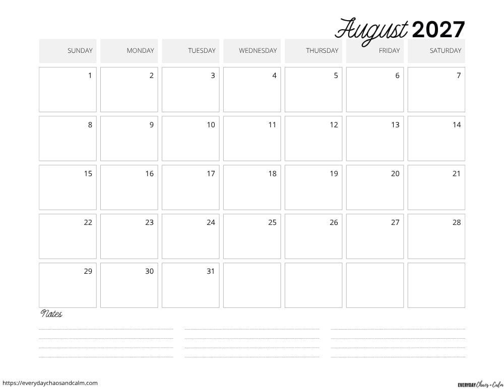 printable August 2027 calendar- sunday start