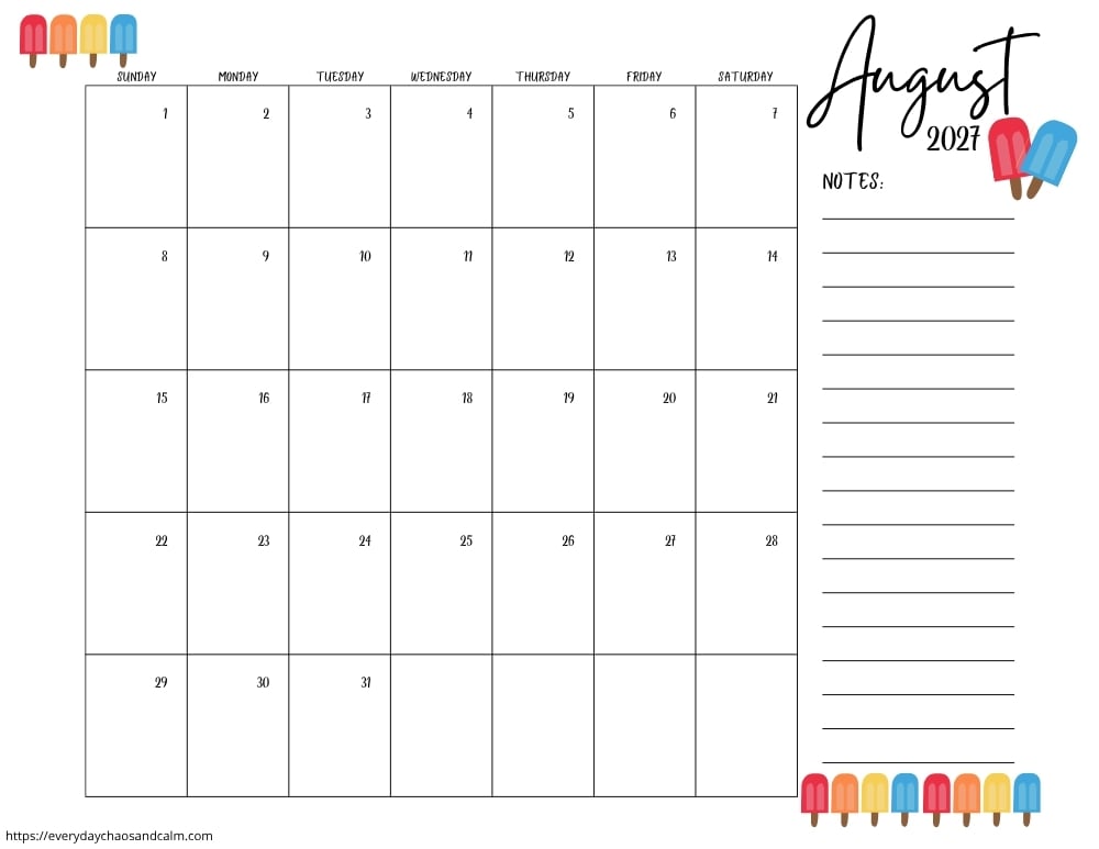 printable August 2027 calendar- sunday start