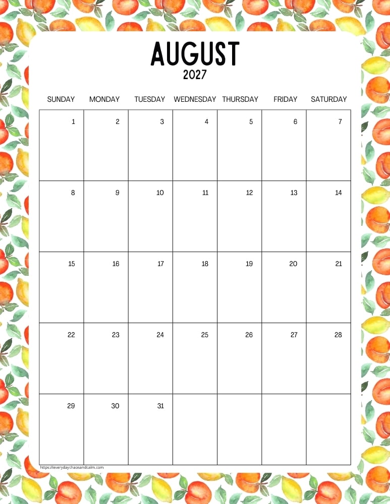 vertical printable August 2027 calendar- sunday start