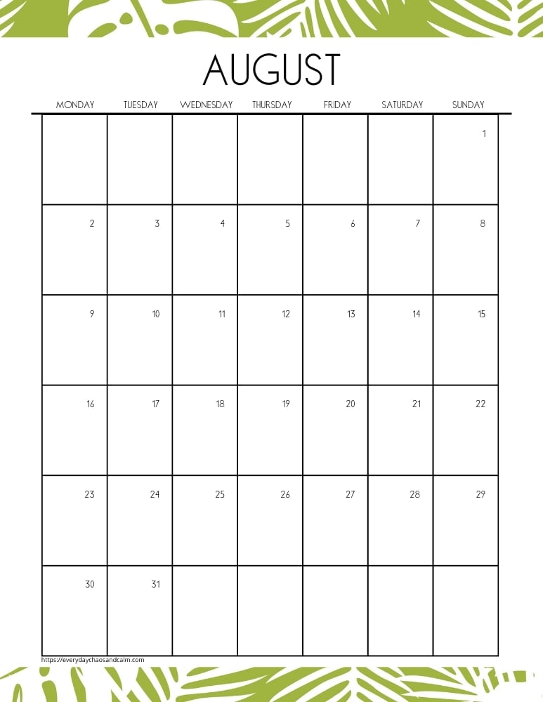 vertical printable August 2027 calendar- monday start