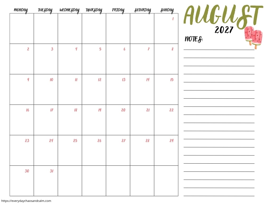 printable August 2027 calendar- monday start