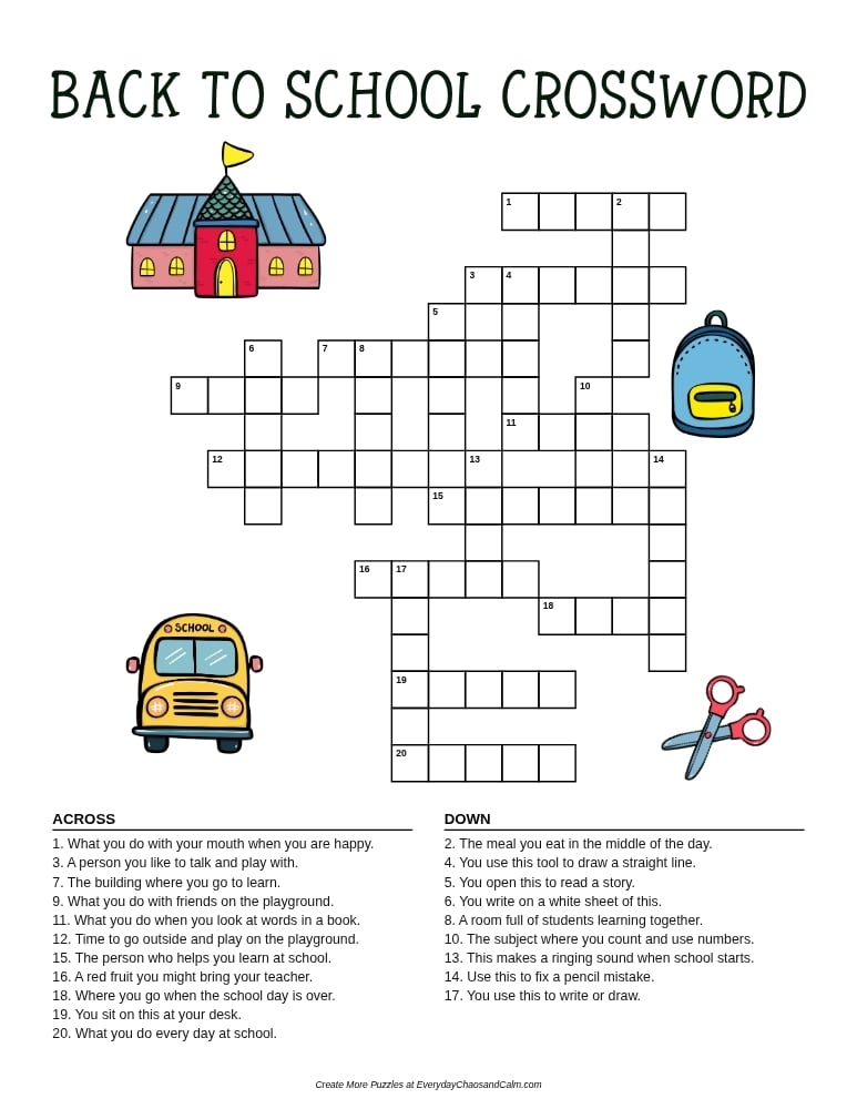 printable back to school crossword puzzles, student vocabulary worksheet, autumn school theme word game, PDF, instant download