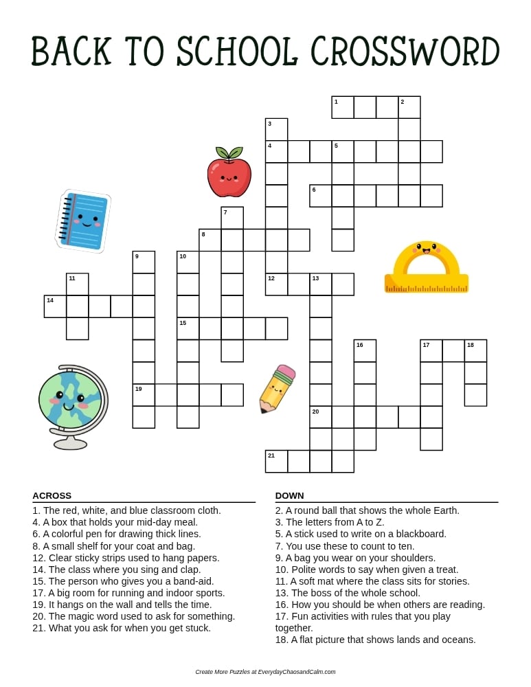 back to school crossword puzzle sheet, fun morning work activity for children, homeschool literacy printable, PDF, instant download