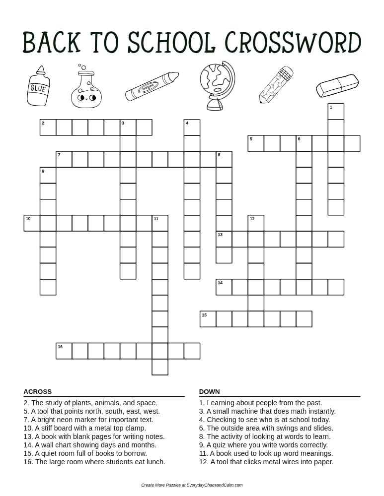 kids back to school crossword puzzles, classroom icebreaker word game, educational seasonal worksheet, PDF, instant download