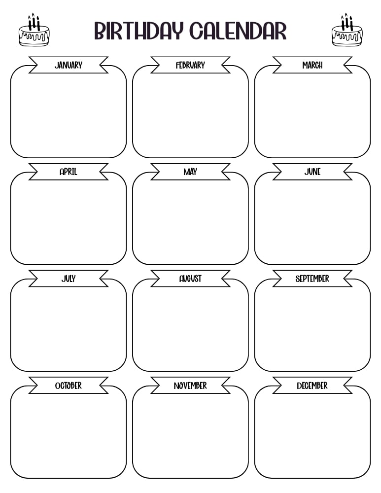 birthday calendar printable, annual birthday tracker for family and friends, perpetual dates sheet, PDF, instant download