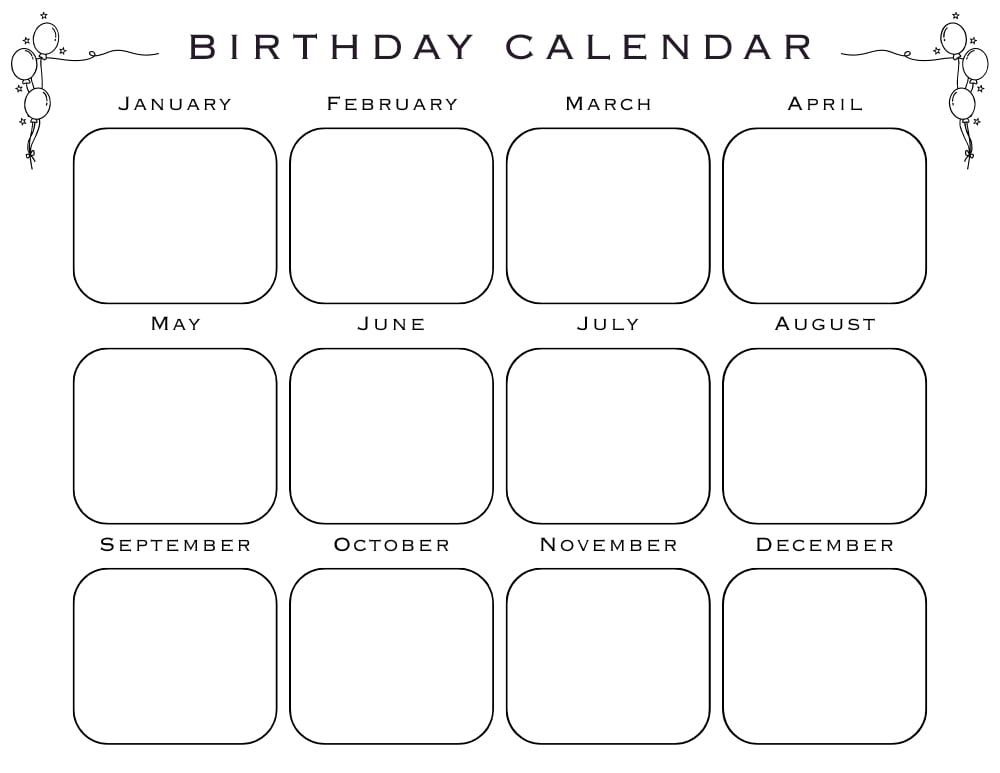printable birthday calendar chart, perpetual event and birthday tracker, home management log, PDF, instant download
