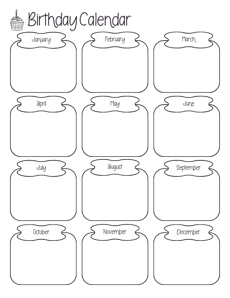 printable birthday calendar, yearly birthday tracker page, family celebrations reminder chart, PDF, instant download