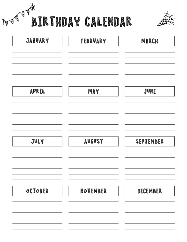birthday calendar printable sheet, perpetual dates recorder, classroom birthday tracker chart, PDF, instant download