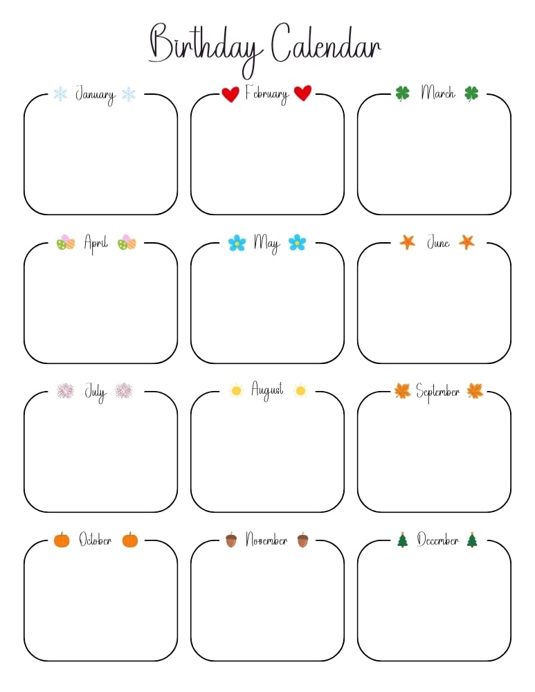 printable birthday calendar list, yearly event tracker, birthday reminder organizer, PDF, instant download