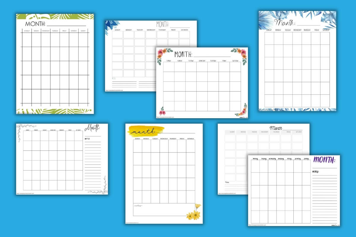 blank monthly calendar printable example pages