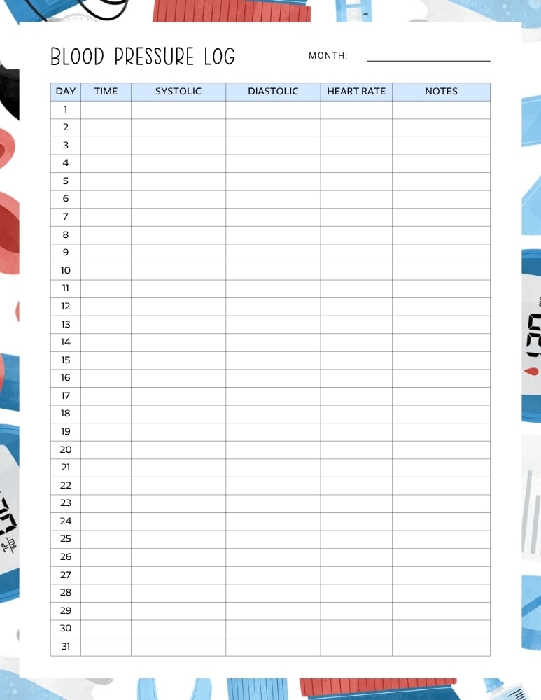 printable blood pressure log, daily health tracking chart for heart health, medical record page, PDF, instant download
