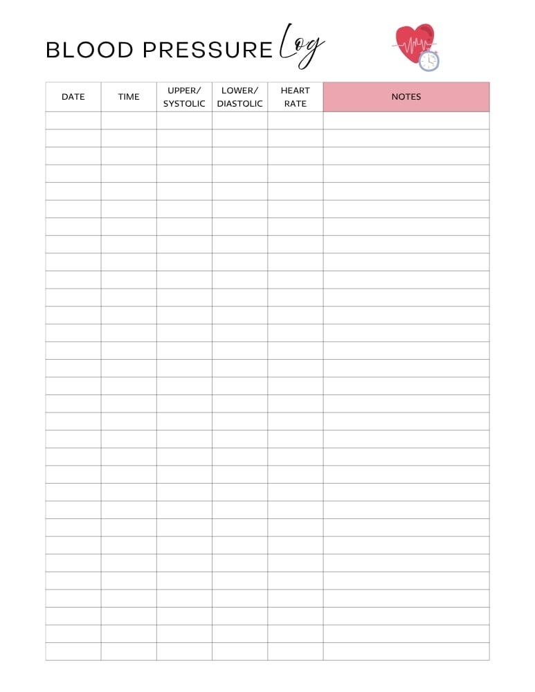 blood pressure tracker worksheet, personal medical log book page, health monitoring printable, PDF, instant download
