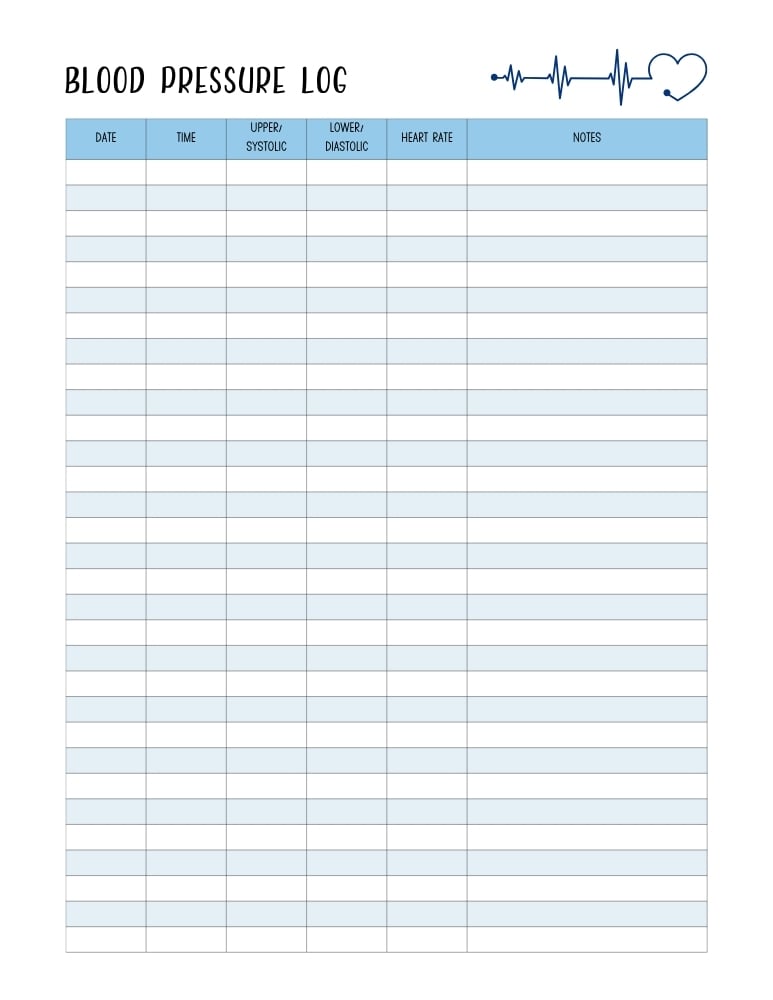 daily blood pressure log sheet, heart rate and BP tracking template, health log printable, PDF, instant download