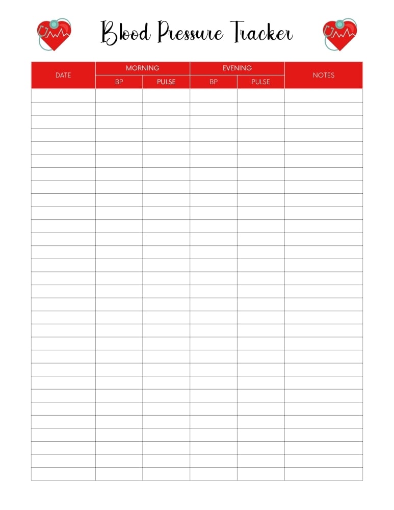 printable blood pressure log sheet, cardiovascular health tracking chart, medical history page, PDF, instant download