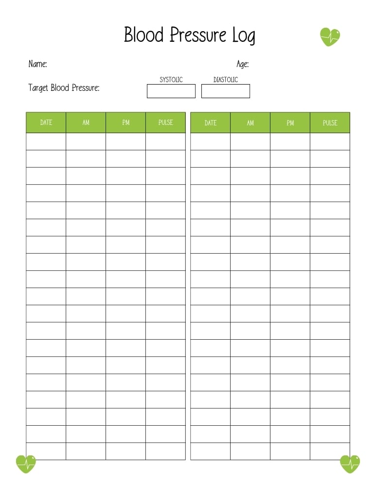 simple blood pressure log, clean medical tracker page for daily readings, personal health printable, PDF, instant download