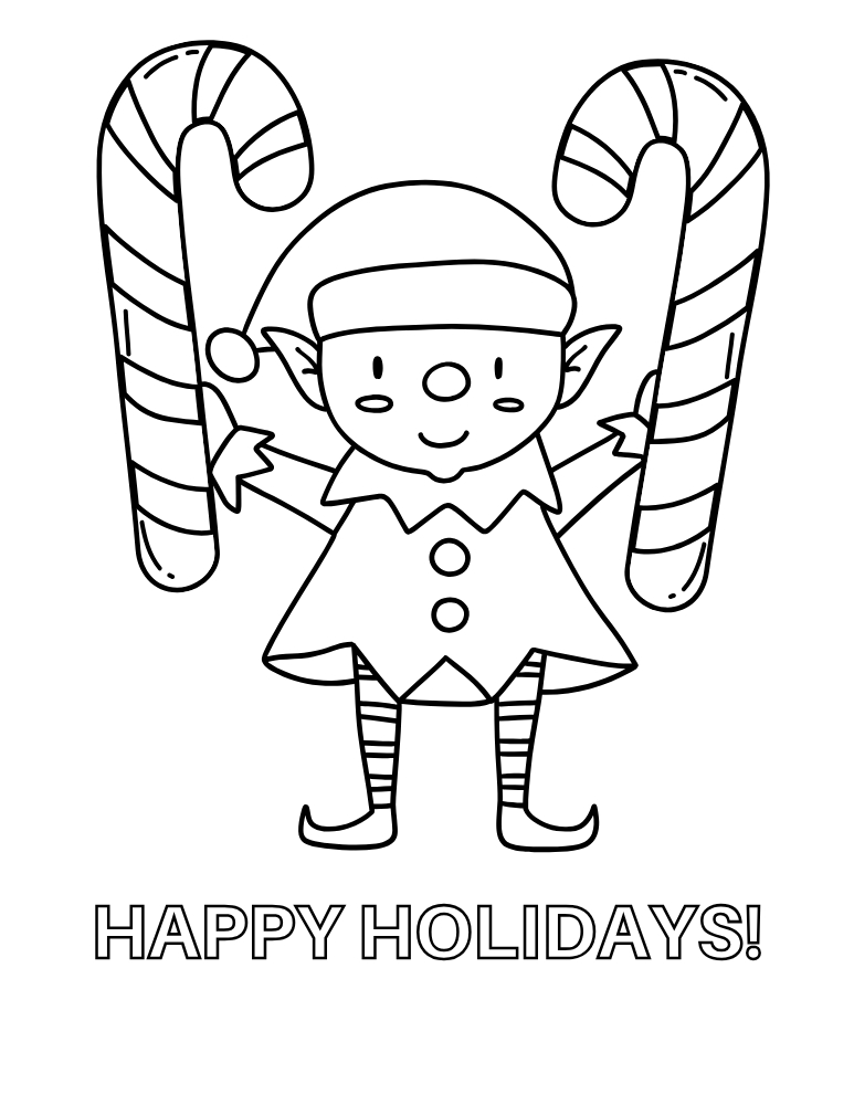 large candy cane elf coloring page, easy holiday craft for kids, winter break activity, PDF, instant download