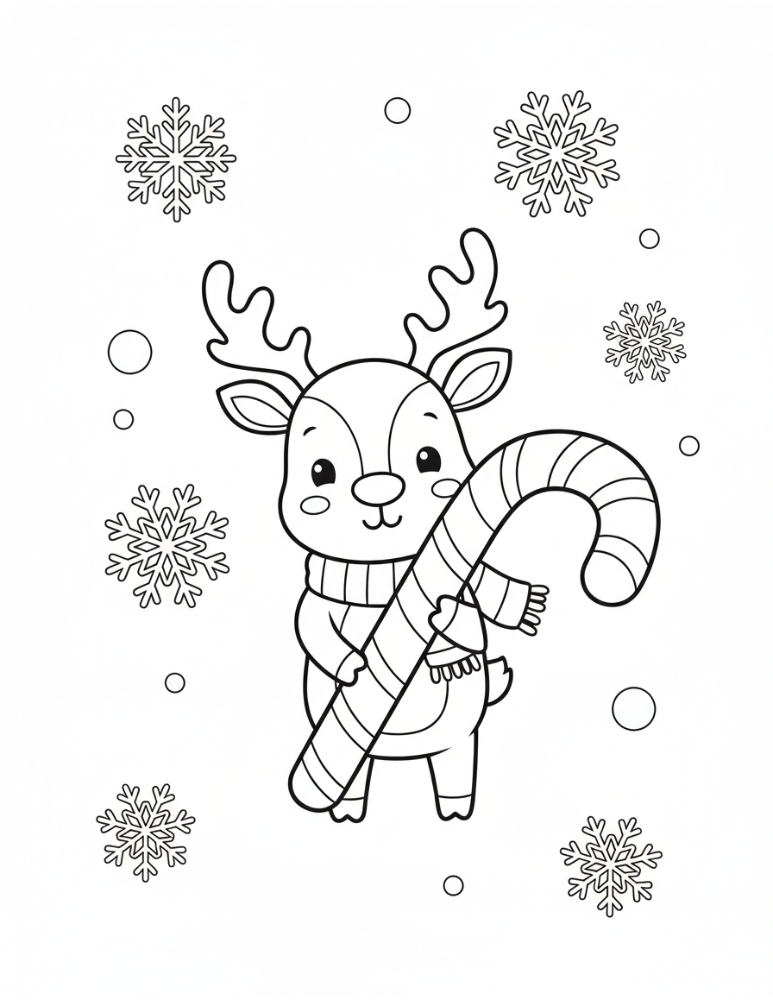 candy cane and reindeer coloring page, holiday art project, PDF, instant download