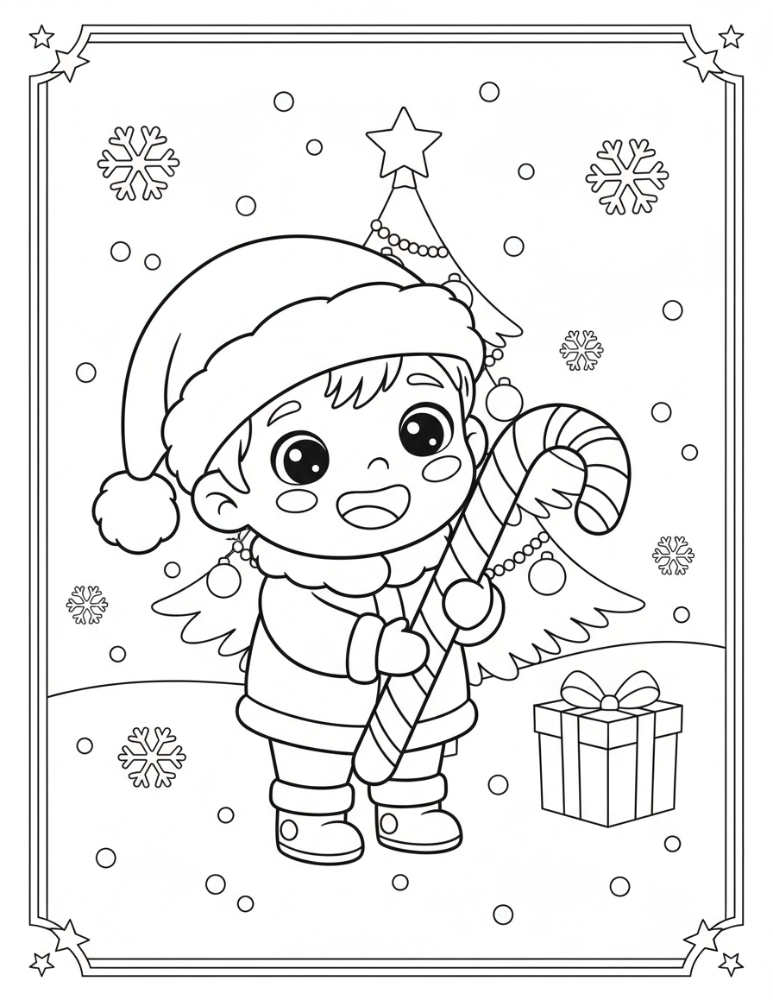 candy cane with boy coloring page, kids holiday printable, PDF, instant download