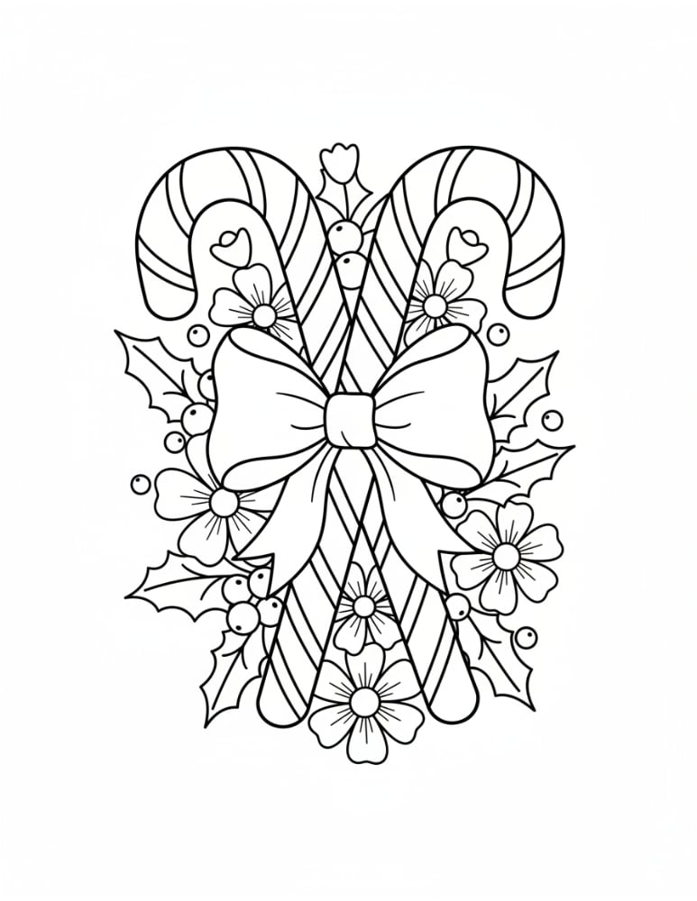 striped candy cane coloring page, festive winter art, preschool Christmas activity, PDF, instant download