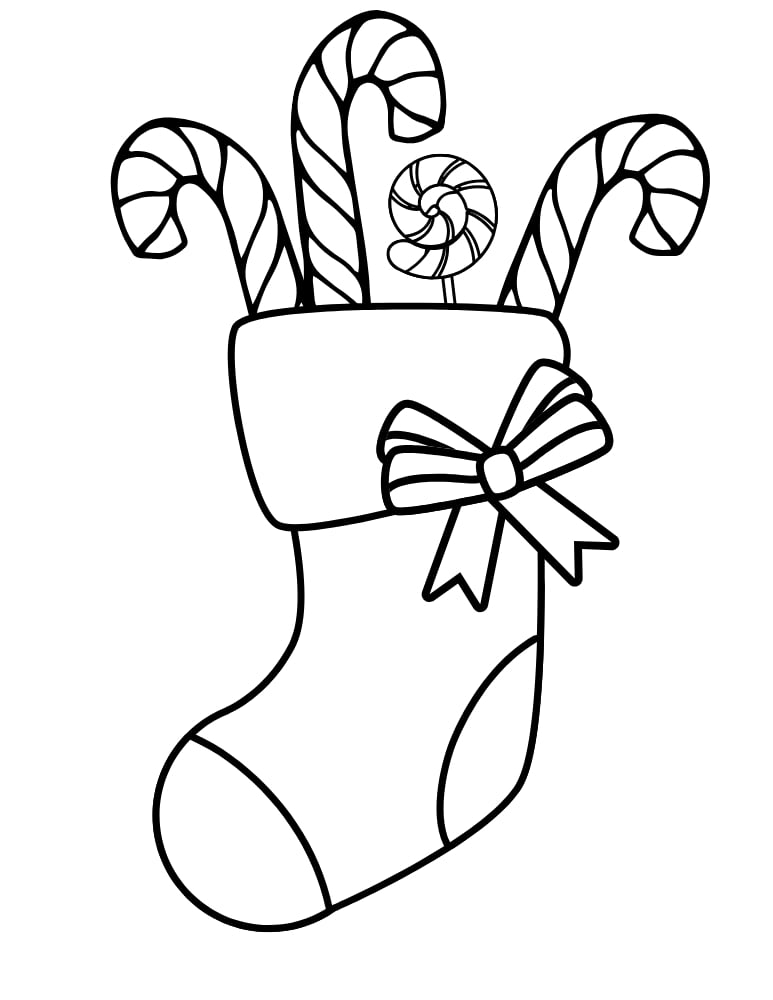 candy canes in stocking coloring sheet, holiday decorations craft, kids printable art, PDF, instant download