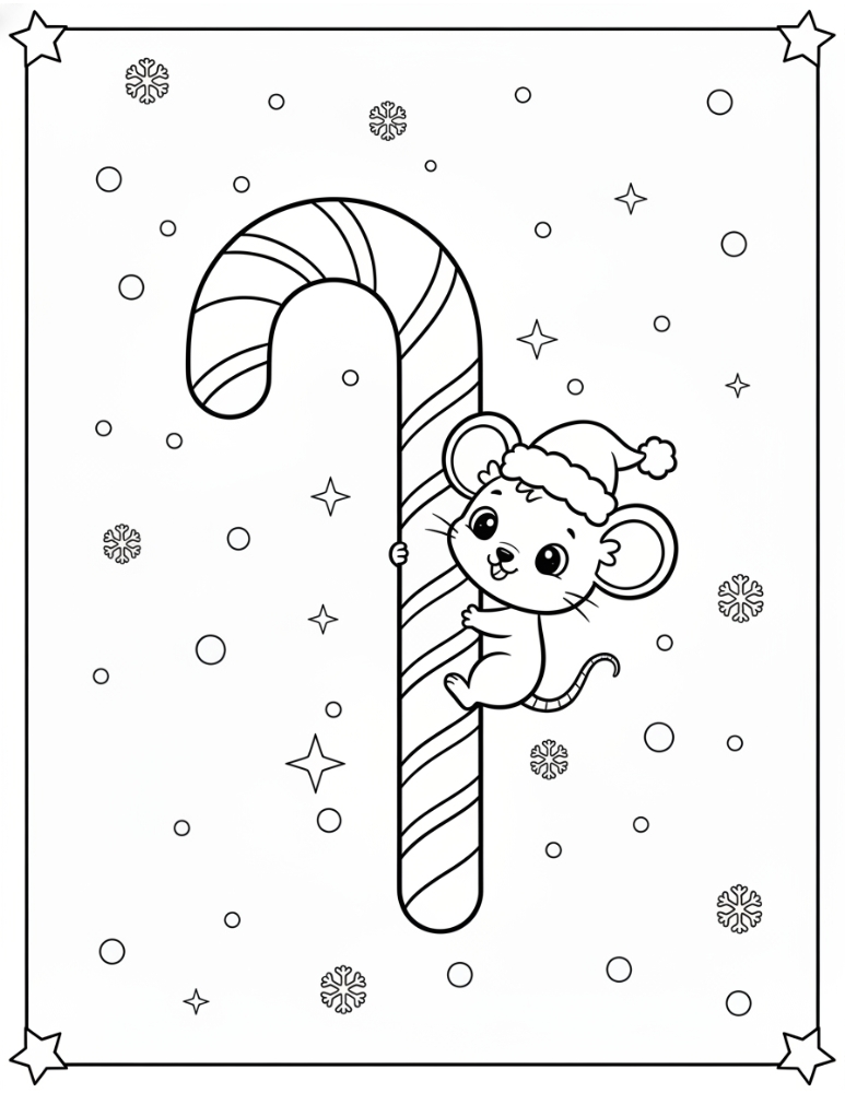 mouse with candy cane coloring, holiday pattern for kids, Christmas morning activity, PDF, instant download