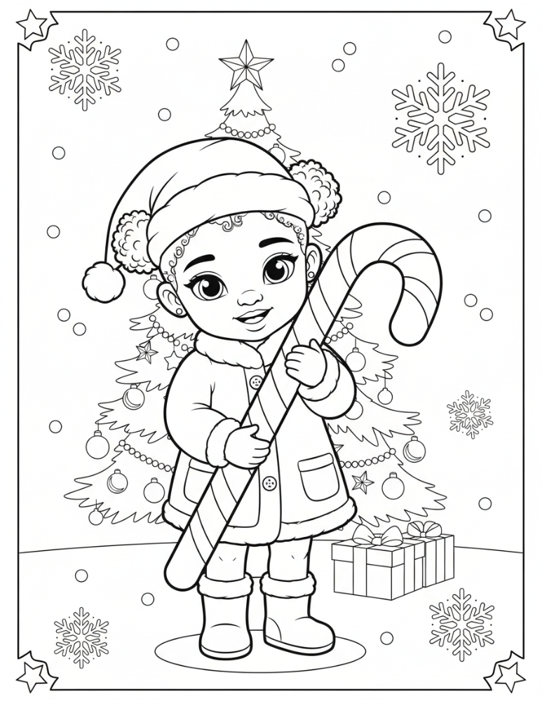 candy cane and girl coloring page, traditional Christmas art, printable holiday sheet, PDF, instant download