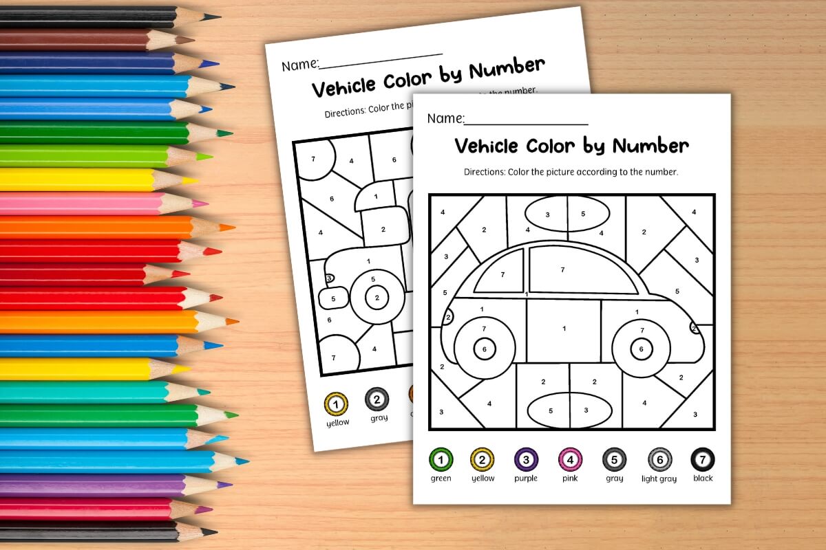 car color by number page on a desk with colored pencils