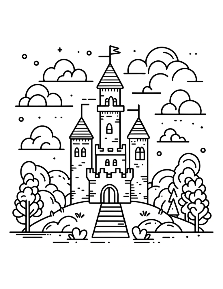 castle coloring page, PDF, instant download, kids