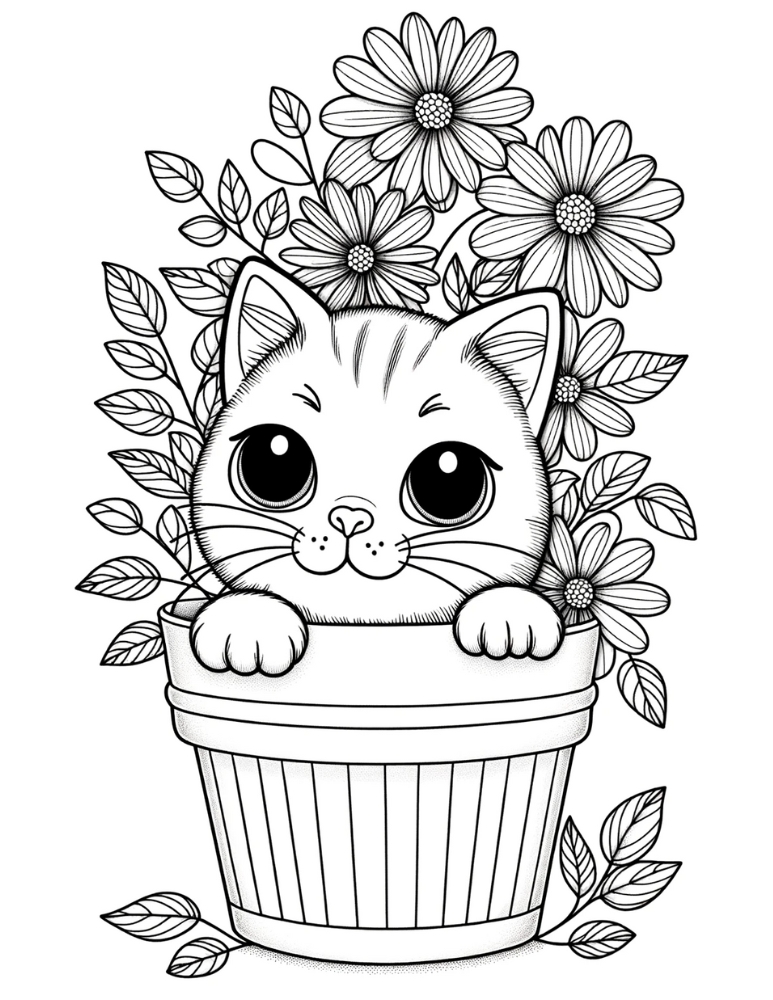 cute cat coloring page, PDF, instant download, kids