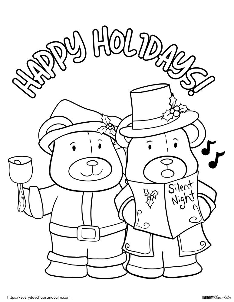 printable CHristmas bear coloring pages, PDF, instant download, kids, coloring page