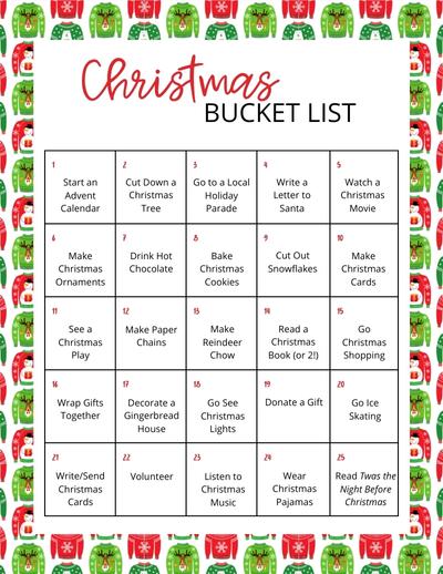 Printable Christmas Bucket List for Kids- Calendar Style Free printable Christmas bucket list for kids and adults, pdf, holidays, print, download.