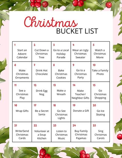 Printable Christmas Bucket List for Adults- Calendar Style Free printable Christmas bucket list for kids and adults, pdf, holidays, print, download.