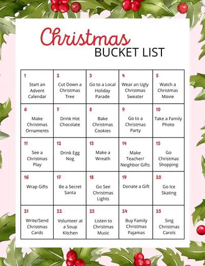 Free Printable Christmas Bucket List with Christmas Activities