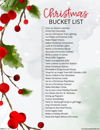 Free Printable Christmas Bucket List with Christmas Activities