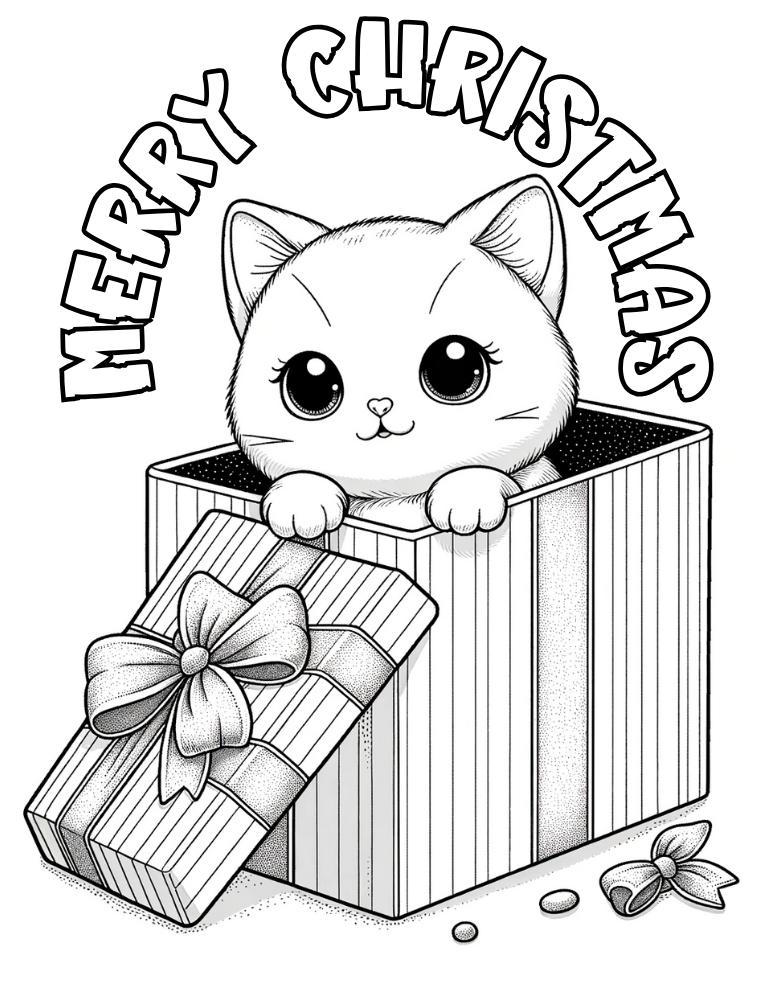 printable CHristmas cat coloring pages, PDF, instant download, kids, coloring page