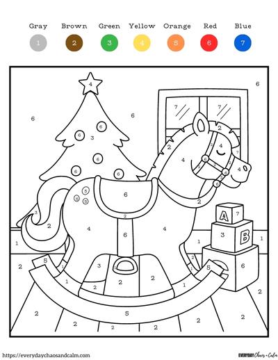 christmas color by  number page with a christmas tree and large rocking horse