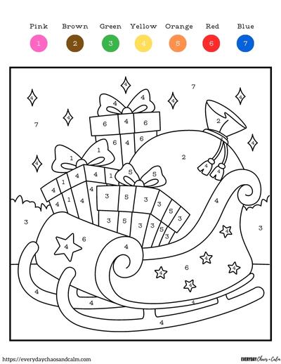 christmas color by number with santa's sleigh and toys