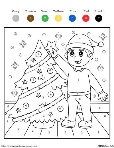 christmas color by number page with a boy decorating a christmas tree
