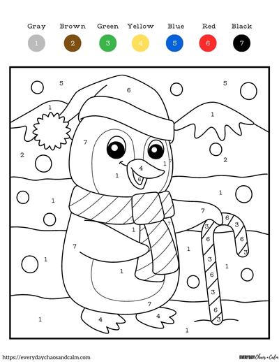 christmas color by number page with a penguin in the snow
