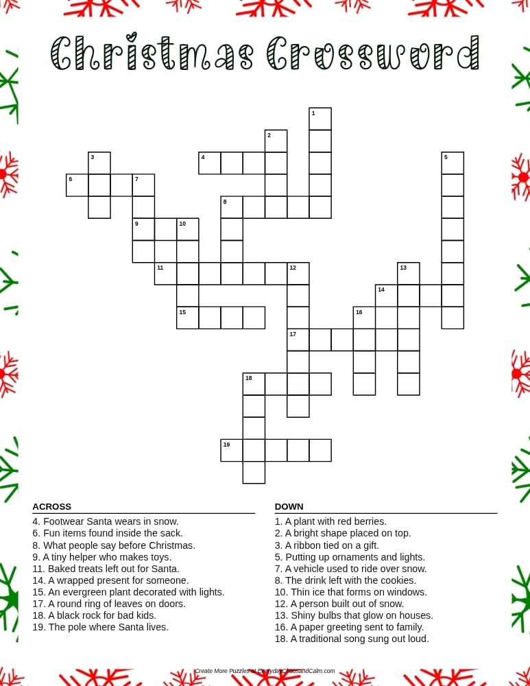 Christmas crossword puzzle, seasonal holiday word game for kids, printable winter activity sheet, PDF, instant download