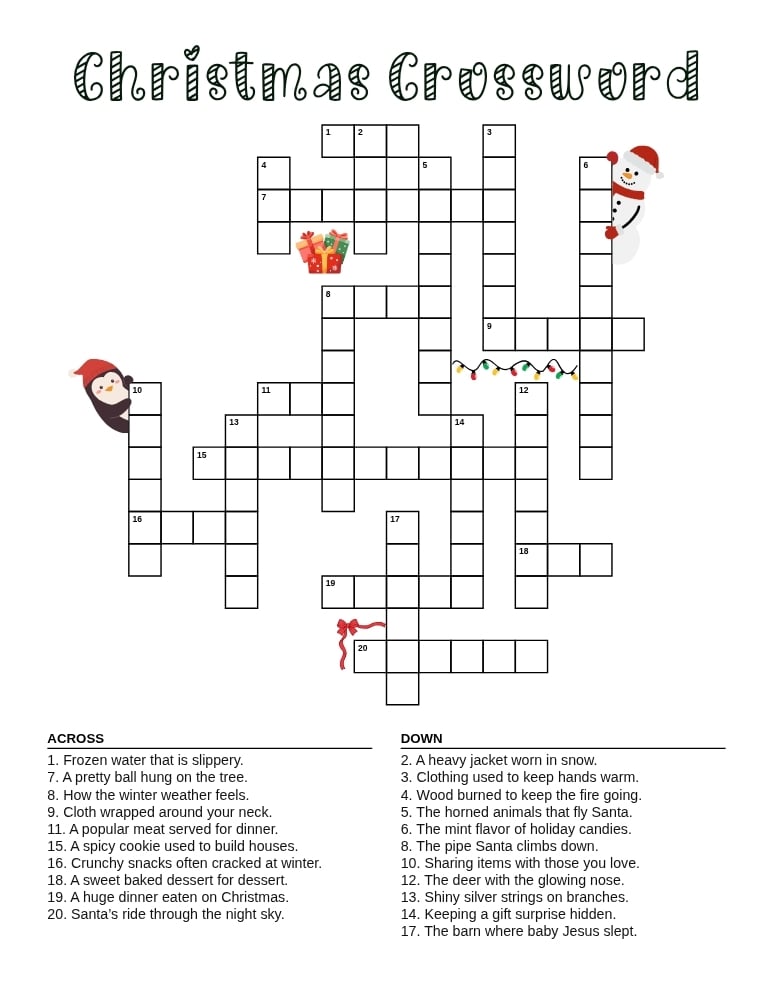 printable Christmas crossword puzzles, holiday vocabulary worksheet, classroom Christmas word game, PDF, instant download